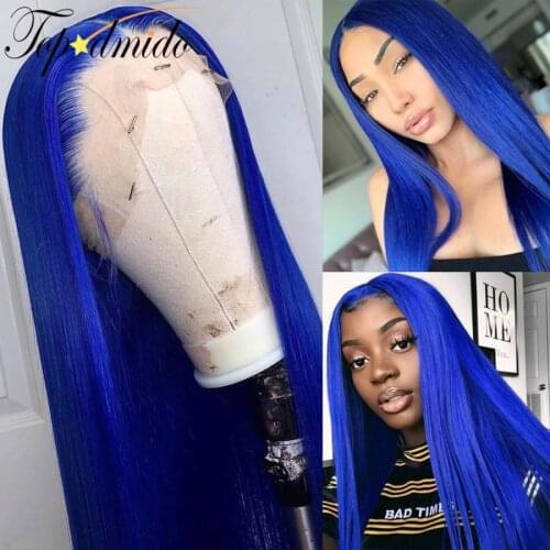 Topodmido Blue 13x4 Lace Front Wigs with Baby 4x4 Closure Wigs Hair Remy Human Hair Wig Brazilian Remy Hair Glueless Lace Wigs