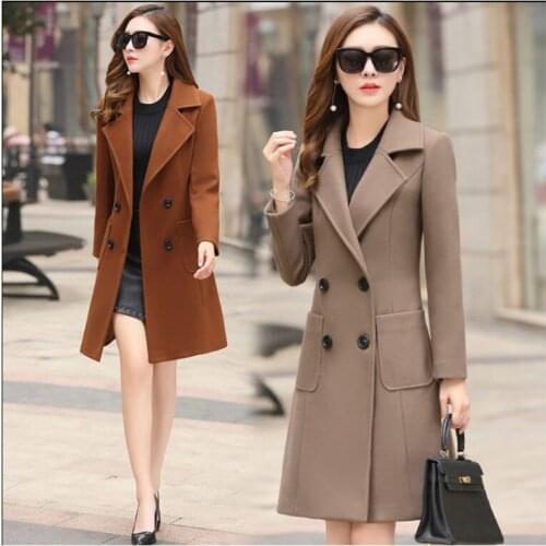 Thickened woolen Overcoat womens mid-length autumn winter new double-breasted suit collar Long sleeve wild slim Abrigos D291