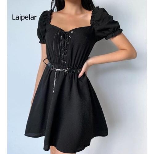 Harajuku Punk Black Bandage Patchwork Vintage Female Dress Puff Sleeve Lady Dress