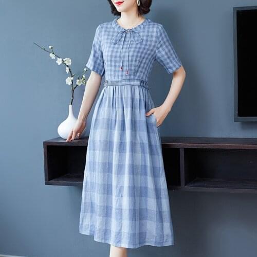 Vintage Korea 3XL Plus Size Blue Plaid Cotton Linen Midi Sundress 2021 Summer Office Elegant Women Dresses Bodycon Party Vestido