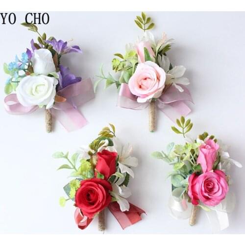 YO CHO Artificial Flower Groom Corsage Silk Rose Wedding Boutonniere Brooch Bride Wrist Corsage Wedding Buttonhole Decoration