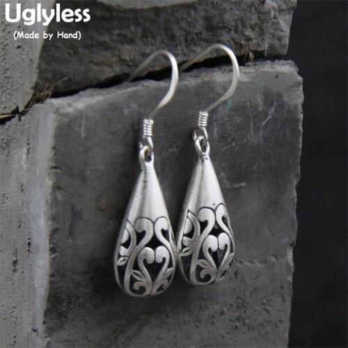 Uglyless Real S 925 Sterling Silver Women Sweet Heart Hollow Dangle Earrings Vintage Waterdrop Ethnic Dress Brincos Fine Jewelry