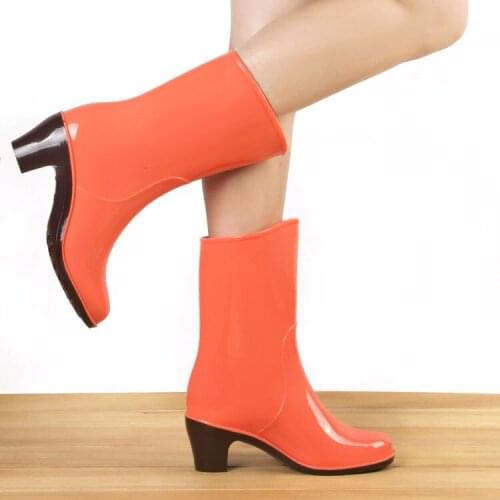 Womens Rain Boots High Heel Mid-Calf Cute Fashion Outer Wear Thick Womens Style Korean Style Fleece-Lined Non-Slip Rain Shoes