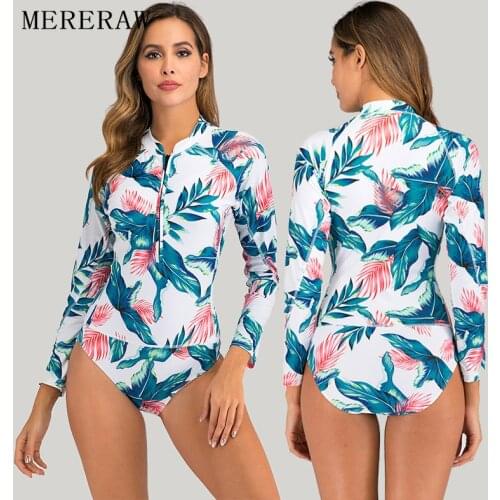 2020 European and American sexy one-piece female swimwear hot spring long-sleeved thin surf wetsuit swimsuit bikini Blue Print
