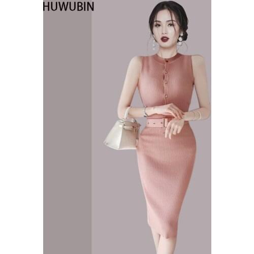 Summer New Korean Womens Round Neck Waistcoat Sexy Suspender Slim Bottom Bag Hip Knitting Fashion Casual Dress With Belt