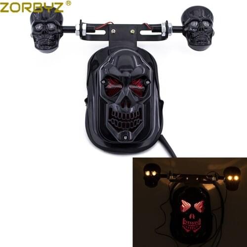 ZORBYZ 12V Motorcycle Black Skull Turn Signal Tail Brake License Plate Rear Light For Harley Chopper Bobber Custom