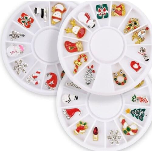 12pcs/box, DIY 3D Nail Rhinestones AccessoriesDesigns Christmas Tree sock snowflake Nail Art Decorations Alloy Metal