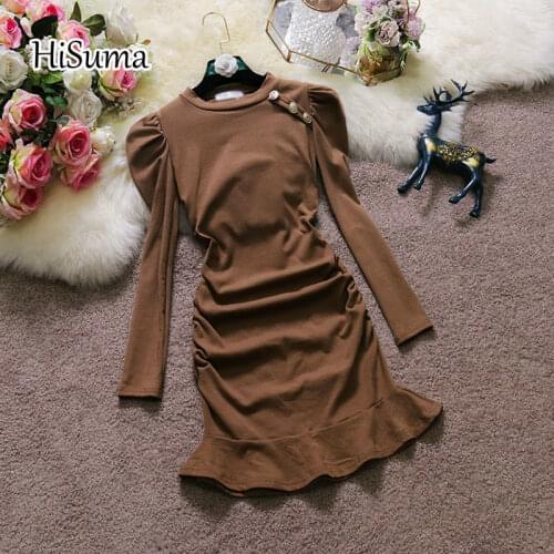2020 winter new sweater dress women O-neck puff sleeve button ruffles knitted fairy fishtail dress female elegant sheath dresses