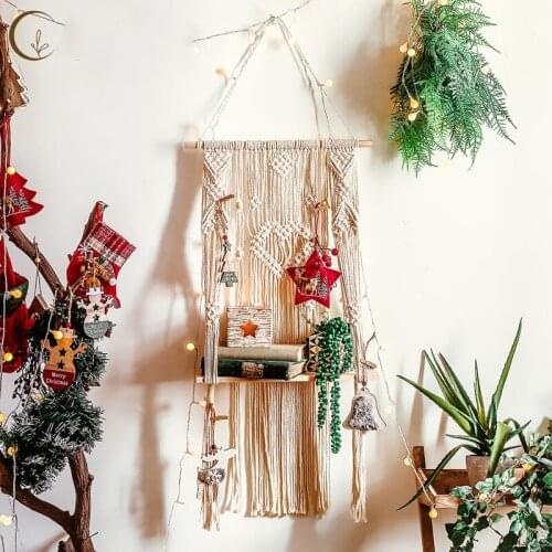 Boho Style Macrame Rope Woven Wood Shelf Tapestry Tassel Wall Floating Hanging Book Rack Art Home Decor Handmade Craft