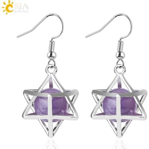 CSJA Natural Stone Hexagram Earrings Merkaba Hollow Star Purple Crystal Round Bead Drop Earring Reiki Fashion Women Jewelry F878