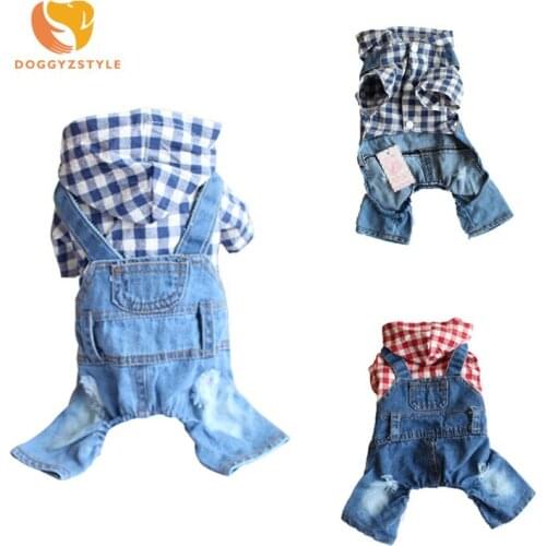 Denim Plaid Pet Dog Jumpsuits Autumn Winter Warm Jean Fake Strap Pet Hoodie Coat Pajamas Pets Apparel For Small Dogs DOGGYZSTYLE