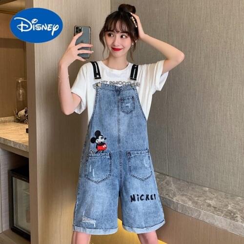 Disney Mickey 2021 embroidered denim overalls womens shorts summer loose straight-leg pants fashion casual wild wide-leg pants