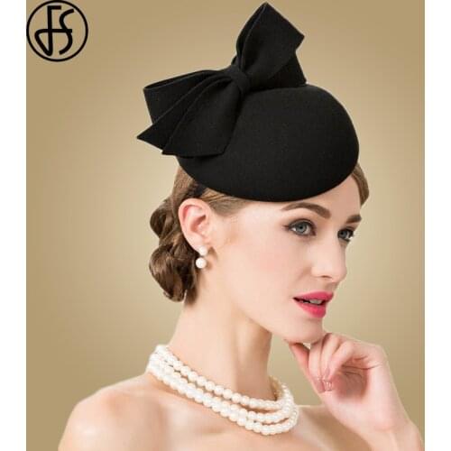 FS Fascinator For Women Elegant Black Pillbox Hat Wool Felt Fedora Wedding Church Vintage Party Kentucky Derby Hats Wine Red