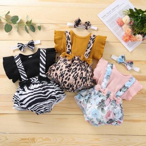 Summer Baby Girls Casual Three Piece Suit Sweet Solid Color Fly Sleeve T-shirt and Print Suspender Shorts with Headband