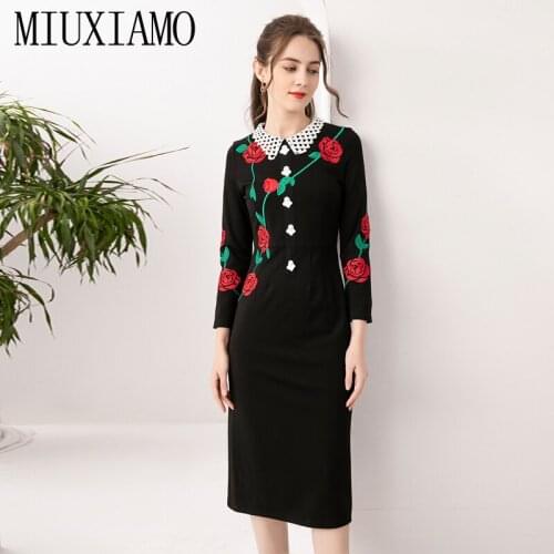 MIUXIMAO 2021 Spring New WomenS Hollow Lace Lapel Color Rose Embroidery Buttons Vintage Elegant Fashion Midi Dress Women