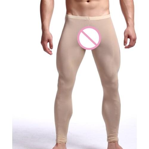 Mens Ultra-thin High Elasticity Leggings Slim Silk Pants Semitransparent Home Furnishing Long Johns U Pouch Bag Sexy