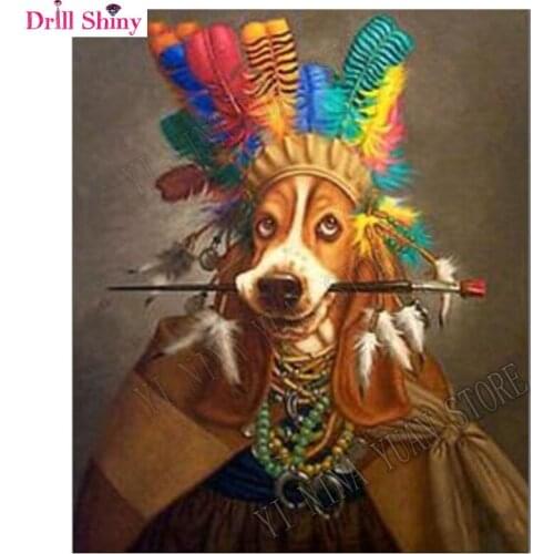 New Diamond Painting Cross Stitch Dog With Feather Cap Brush Diy Diamond Mosaic Full Round Diamond Embroidery Decoration