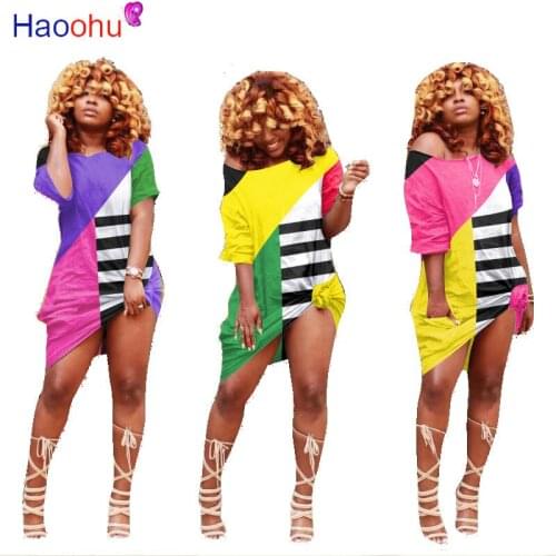 HAOOHU Women new 2020 summer Mini Dress Rainbow Stripe Print short Sleeve Dress Sexy Night Club Wear Loose Dress