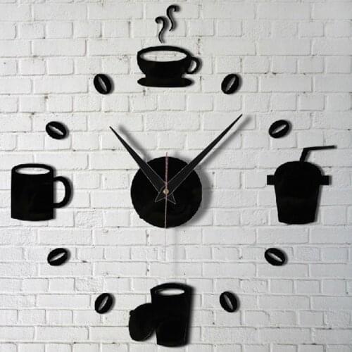 New Hot Sale Modern DIY Large Coffee Cup Decal Wall Clocks Silent Watch Decals Black Decorative Fashion 3D Wall Clocks