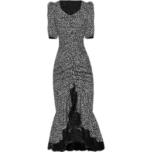 Designer Summer High Quality New WomenS Party Elegant Fashion Runway Draw String Design Print Lace Patchwork Midi Mermaid Dress