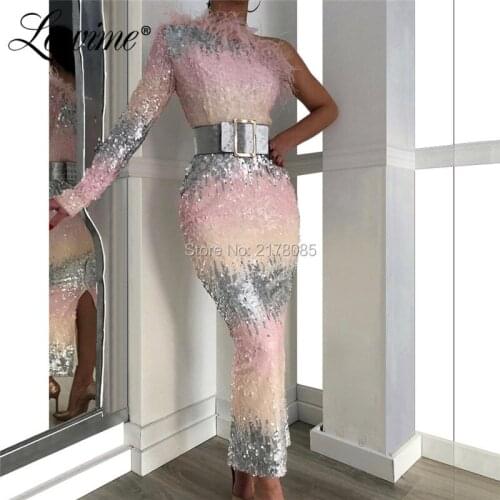 Pink and Silver Sequins Evening Dresses 2019 Feather One Shoulder Arabic Ankle Length Party Dress Dubai Kaftans Formal Prom Gown