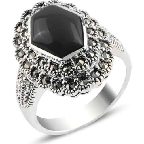 Silver 925 Sterling Onyx & Marcasite Ring