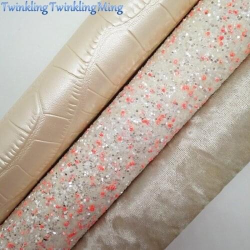 BEIGE Glitter Fabric, Crocodile Faux Fabric, Synthetic Leather Sheets, Velvet Fabric For Bow A4 21x29CM Twinkling Ming XM801