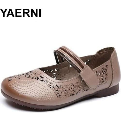 YAERNI 2020 Fashion Summer Shoes Women Genuine Leather Loafers Flats Women Ethnic Style Shallow Breathable Casual Shoes