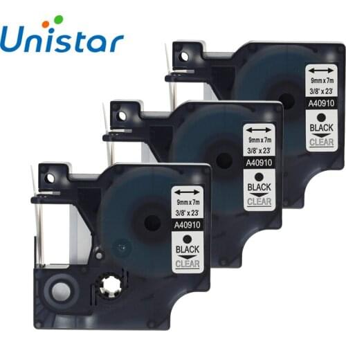 Unistar 3pcs 40910 Compatible for Dymo and for D1 Label Manager 9mm 40910 Black on CLear Label Tape for DYMO Printer Label Maker