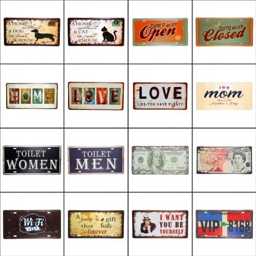 Vintage Metal Tin Signs Retro Car Number License Plate Plaque Love Home Dog Cat Open Closed Garage Pub Bar Home Wall Decor