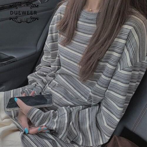 Women Long Sleeve T-shirts Striped O-neck Loose Casual Fall Spring All-match Streetwear Outerwear Bottoming Korean Style