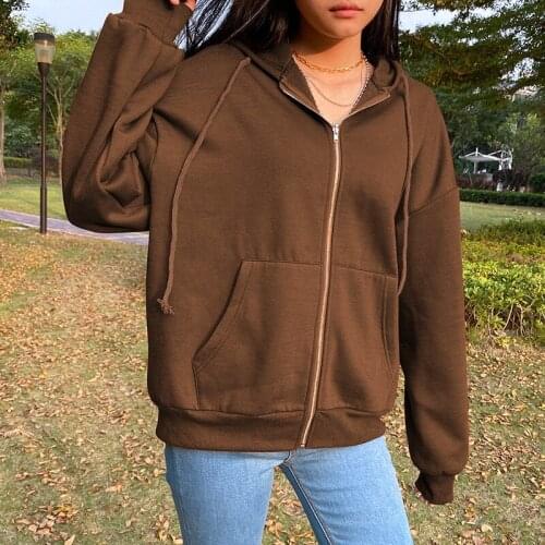 Zip up Women Korean Style hoodies For Girls Top Vintage Solid Long Sleeve Oversized Hooded Sweatshirt Jacket Casual Large Coats