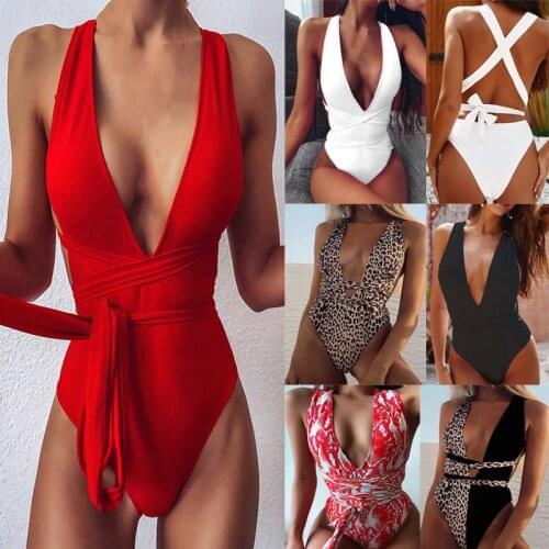 2021 Sexy Plunging Swimsuit One Piece High Cut Swimwear Women Cross Bandage Beachwear Summer Backless Bathing Suit Women