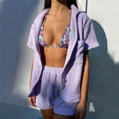 2 Pcs Women Plush Casual Outfits Ladies Solid Color Short Sleeve Loose Tops Coat with Pocket + Velvet Shorts For Summer Spring