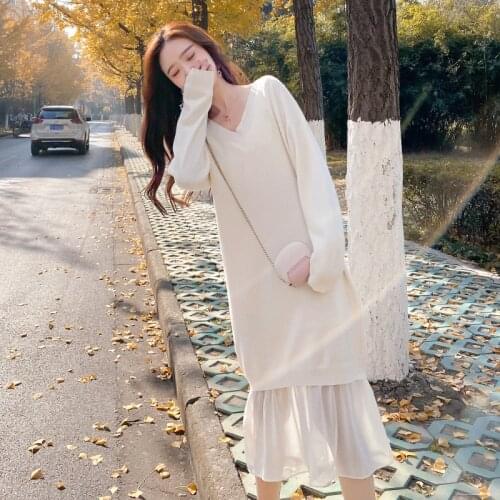 Womens Long Dresses Knitted Sweater Dress V-neck Women Long Sleeve Maxi Dress Autumn Winter Fashion