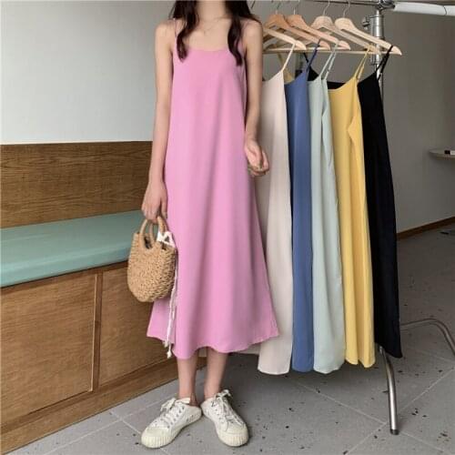 Temperament O-Neck Spaghetti Strap French Dress Female Summer 2021 New Korean Loose Thin Casual Long Dress for Women Vestidos