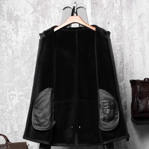 Winter Mens Natural Lamb Fur Mid Long Coat Hoody Thick Wool Lining Real Fur Jacket High Quality Leather Shearling Overcoat 5XL