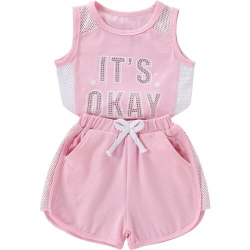 2021 Girls 2Pcs Sports Style Clothes Suit, Sleeveless Letter Printed Mesh Patchwork Vest Tops with Elastic Short Pants