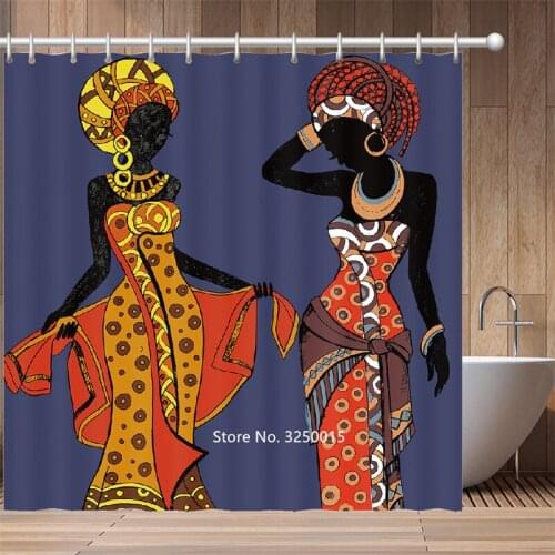 3D Digital Print Animal African Woman Shower Curtain Set Hook Natural Landscape Pastoral Retro Flowers Home Bathroom Curtains