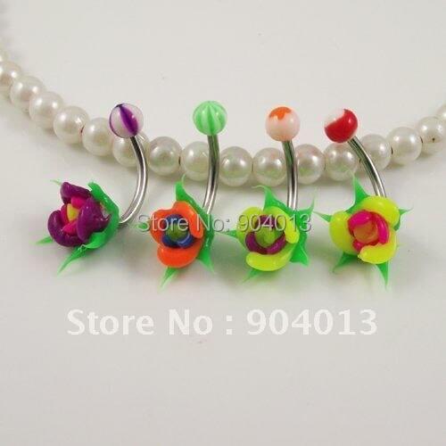5pcs/lot free shipping rose flower belly ring, navel bell button ring body piercing jewelry, body jewelry mixed colors