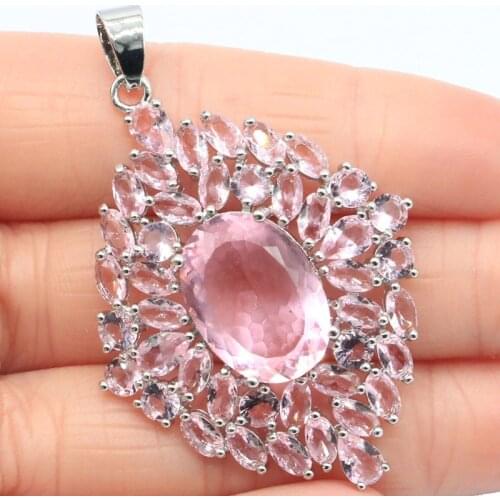 55x36mm Delicate Fine Cut Big Jewelry Set Created Pink Kunzite For Women Bride Wedding Silver Earrings Pendant Eye Catching