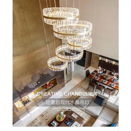 Duplex floor living room crystal large chandelier light luxury villa building middle staircase light modern and simple