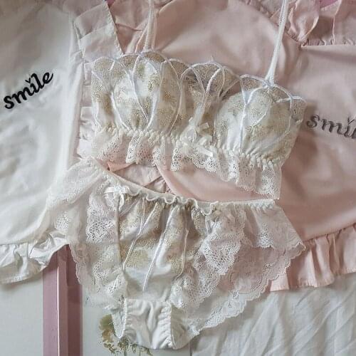 Honviey new vintage Tubes Top underwear set Lace shell girl small chest wirefree embroidery push up French white wrapped bra set