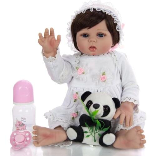 Straight hair 48CM bebe doll reborn toddler doll girl full body soft silicone realistic reborn baby bath toy with panda plush
