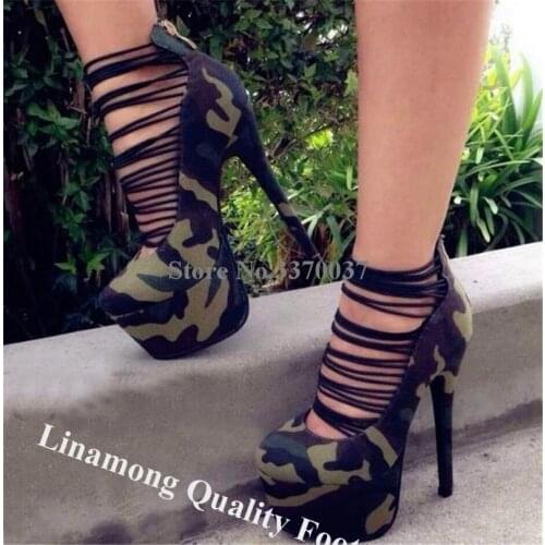 Linamong Suede High Platform Stiletto Heel Gladiator Pumps Army Green Blue Grey Thin Straps Cross Back Zipper-up High Heels