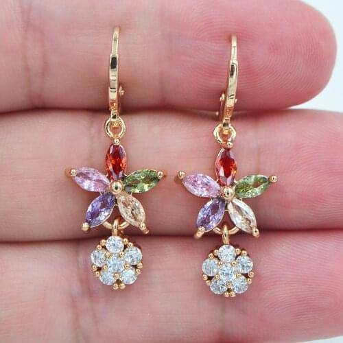 Fashion Jewelry Gold Color Rainbow Zircon CZ Stone Flower Dangle Earrings for Women Wedding Party