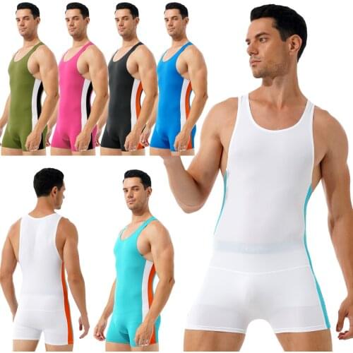 Skinny Bodysuit Men Sleepwear Contrast Color Stripe Athletic Wrestling Jumpsuit Stretchy Leotard O Neck Sleeveless Sport Gym New