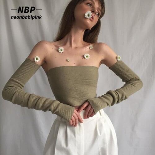 NEONBABIPINK Solid Color Knitted Crop Top with Long Sleeves Y2k Clothes Grunge Fairy Woman Tshirts Spring 2021 N33-BZ11