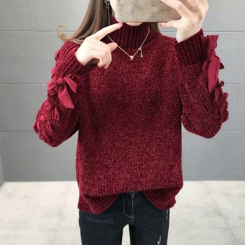 Autumn and winter chenille sweater ladies short Korean version loose 2021 new fashion hedging high neck solid color top casual