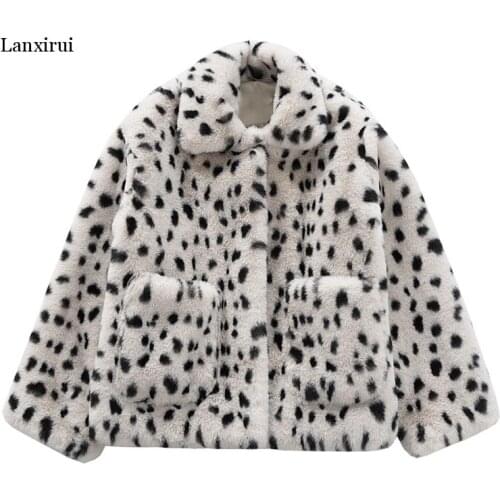 Women Beige Faux Fur Coat Outwear Button Warm Thick Turn Down Collar Pocket Leopard